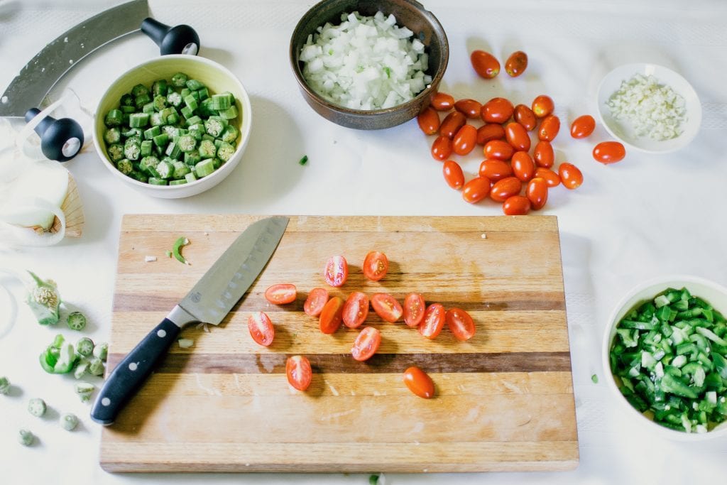 Succotash ingredients being prepped.