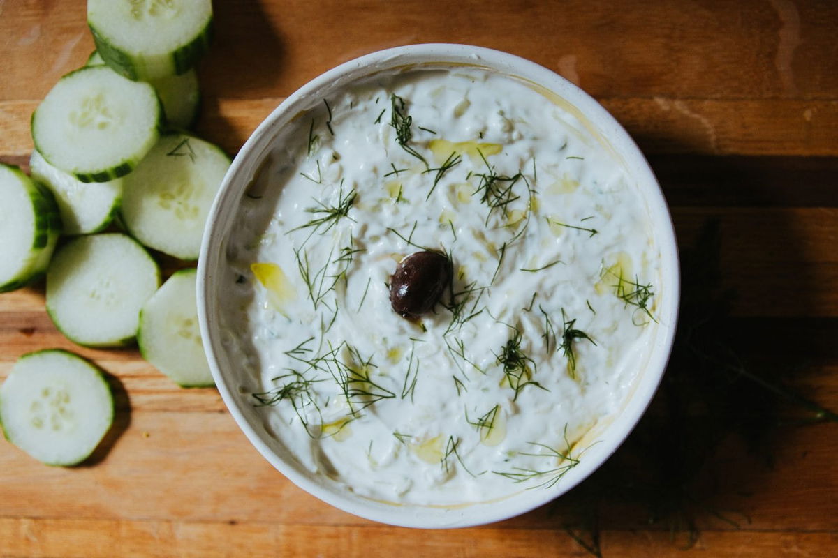 tzatziki sauce in a white bowl