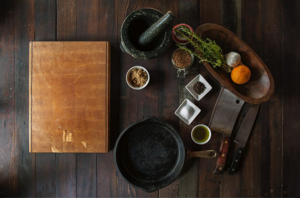 Arrangement of cast iron pan and supplies.