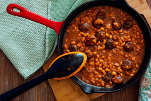 cooked bean meal in a pan