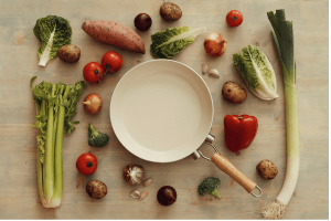 vegetables around a white pan