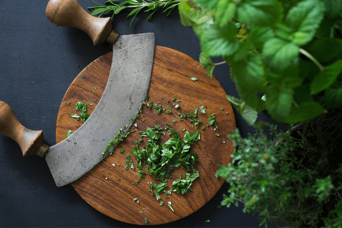 Wooden Mezzaluna HERB Chopping Board with dip and Curved Stainless Steel Blade 