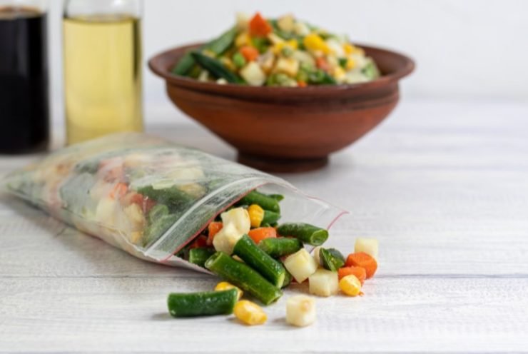 frozen vegetables in a transparent bag