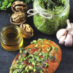 vegan pesto in a jar and a loaf of bread