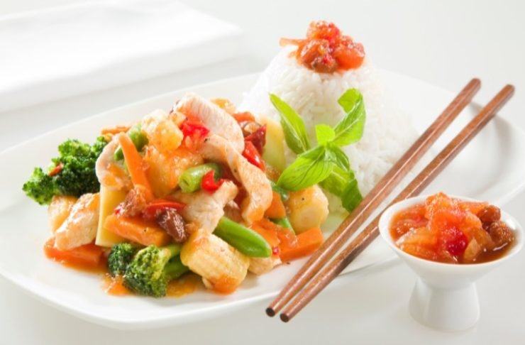 CHICKEN STIR FRY with RICE and pickled vegetables