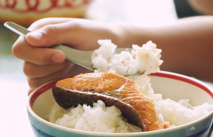 Kid Eating Grill Salmon with Rice