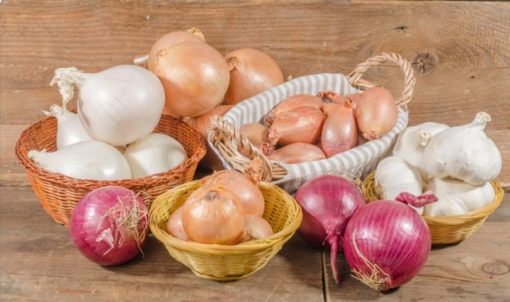 Different types of onions, garlic and shallots