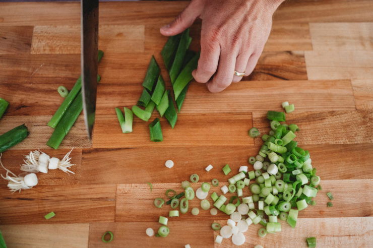 cutting onions into bias