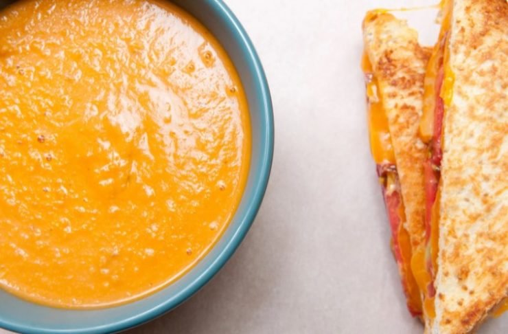 Tomato Garbanzo Soup Made with Cocnut Milk with Grilled Cheese a