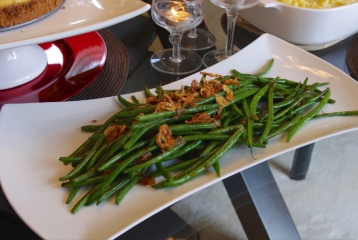 Green Beans With Fried Shallots on White Plate