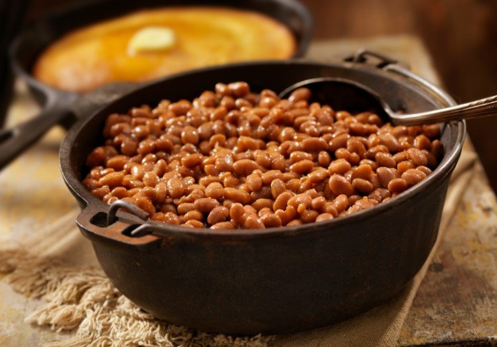 baked beans in a black pot
