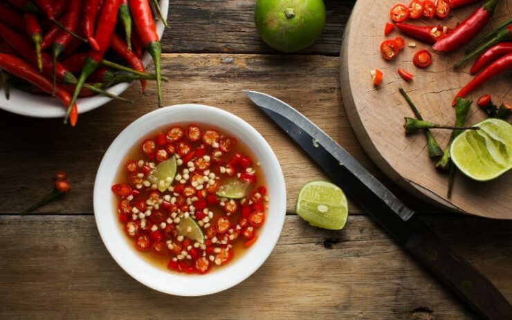 round white plate with vegan fish sauce