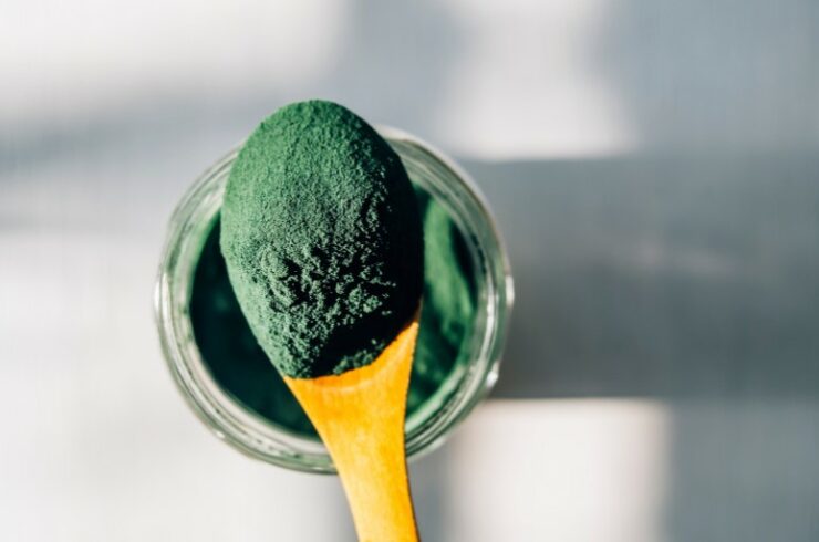 Spirulina powder in a wooden spoon