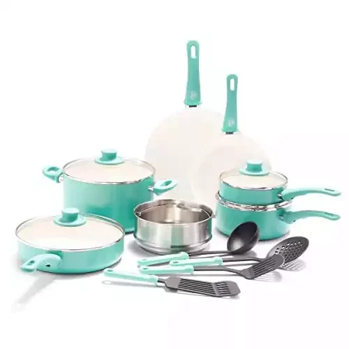 GreenLife Soft Grip Healthy Ceramic Nonstick, 15 Piece Cookware Pots and Pans Set, Induction, PFAS-Free, Dishwasher Safe, Turquoise