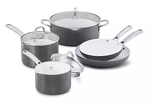 Calphalon 11 Piece Classic Ceramic Nonstick Cookware Set, Grey/White