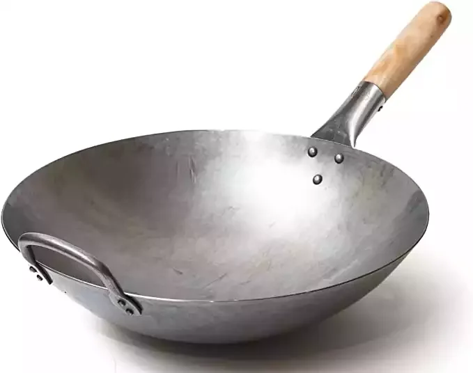 Craft Wok Traditional Hand Hammered Carbon Steel Pow Wok with Wooden and Steel Helper Handle (14 Inch, Round Bottom) / 731W88