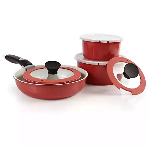 Neoflam Midas PLUS 9pc Nonstick Ceramic Cookware Set, PFOA Free Kitchenware with Saucepan, Frying Pan, Stove|Oven Pot, Tempered Glass Lids and Smart Detachable Handle, Oven Safe, Space-Saving, Red