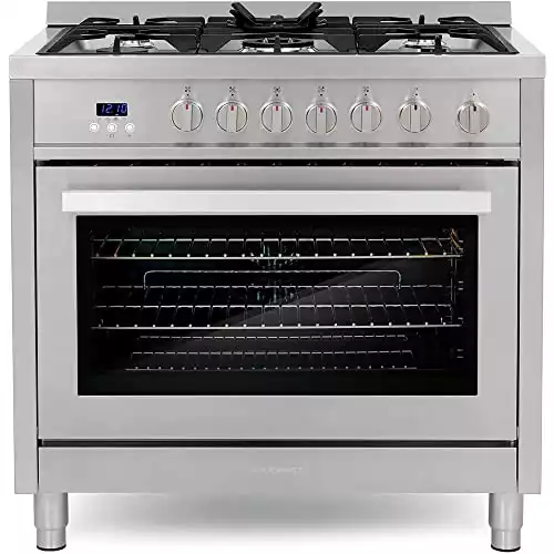 Cosmo COS-965AGFC 36 in. Gas Range with 5 Burner Cooktop, 3.8 cu. ft. Capacity Rapid Convection Oven with 5 Functions, Heavy Duty Cast Iron Grates in Stainless Steel