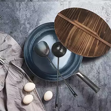 ZhenSanHuan HandHammered Wok Set Round Bottom 36CM + Wooden Lid + Iron Ladle+ Iron Spatula + Wooden Wok Shelf