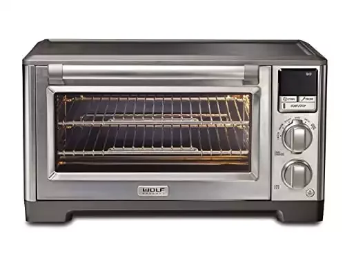 Wolf Gourmet Elite Digital Countertop Convection Toaster Oven with Temperature Probe and 7 Cooking Modes, Stainless Steel, Silver Knobs with Black Knob accessories (WGCO170SR)