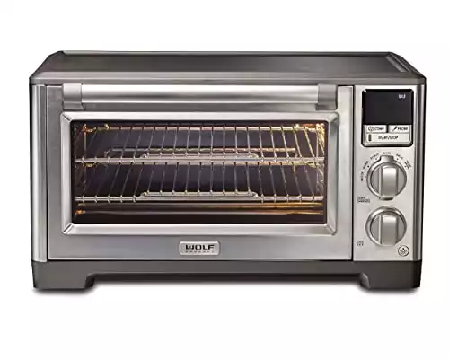 Wolf Gourmet Elite Digital Countertop Convection Toaster Oven with Temperature Probe and 7 Cooking Modes, Stainless Steel, Silver Knobs with Black Knob accessories (WGCO170SR)