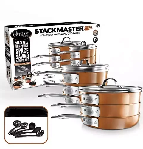 Gotham Steel Stackmaster Pots & Pans Set | Space Saving 15 Piece Stackable Nonstick Cookware Set, Includes Frying Pans, Skillets, Saucepans Stock Pots + 5 Utensils | Induction, Oven & Dishwash...